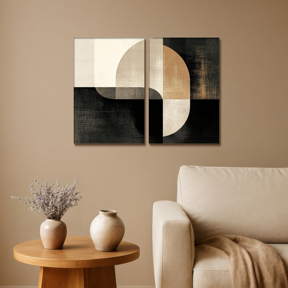 LEINWANDBILD 2er Set Formen - Abstrakt - Gold 80x60 cm - Schwarz, Textil (80/60cm) - MuchoWow