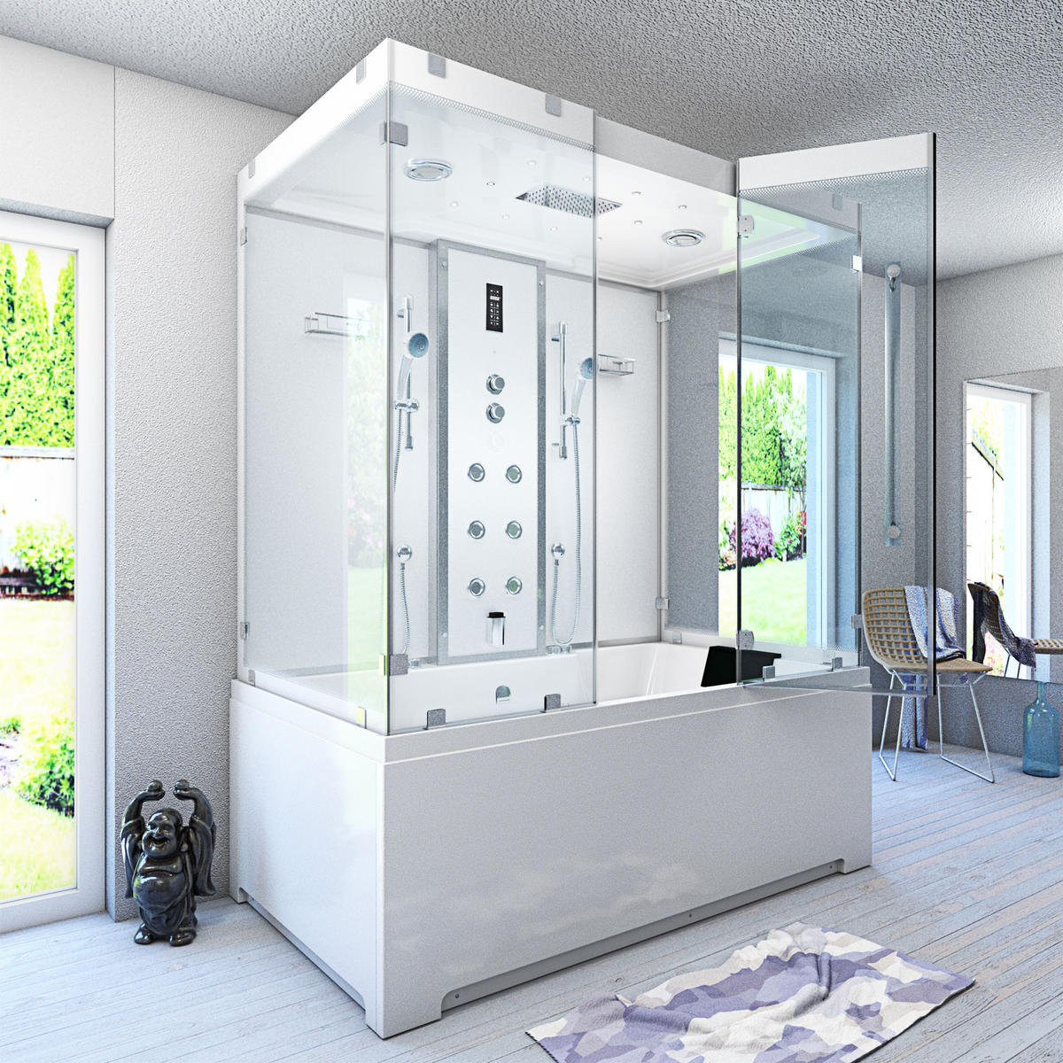 BADEWANNE Dusche K80-WS-EH-B-EC-SC-EA Duschtempel - Weiß, Glas/Kunststoff (180/100/228cm) - AcquaVapore by Sandra Jentho