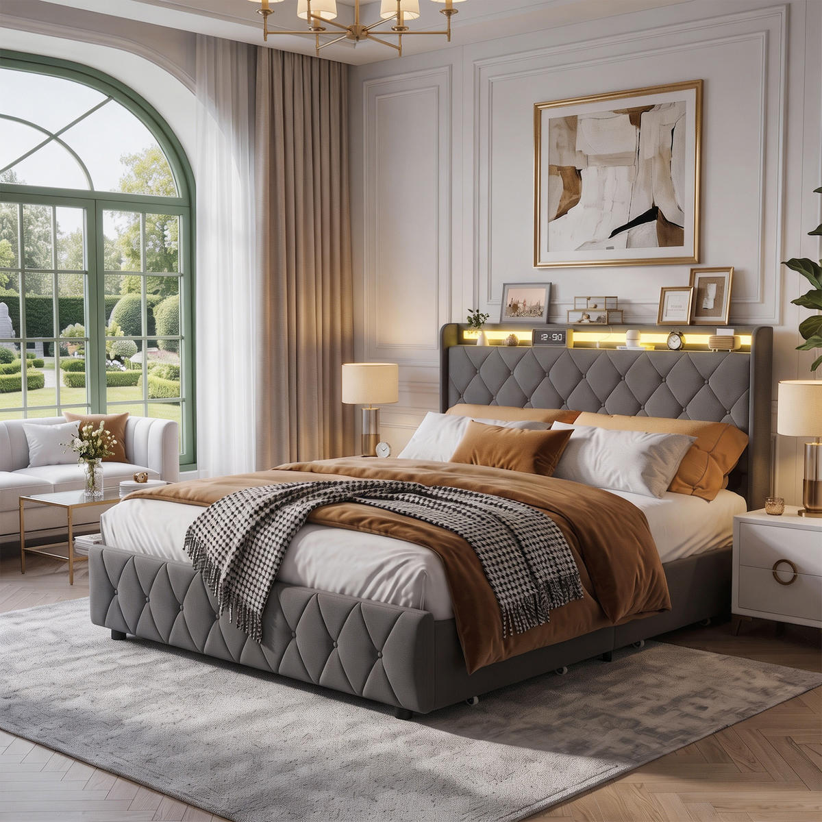 POLSTERBETT, LED-Beleuchtung Doppelbett 140x200cm mit Ladefunktion und 4 Schubladen, Samt, grau - Grau, Holz/Holzwerkstoff (140/200cm) - GENKI LIVING