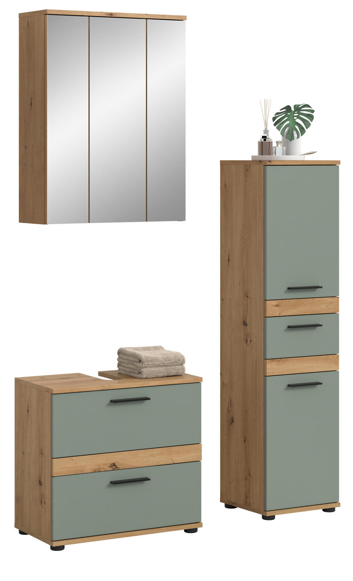 BADMÖBEL-SET 3-teilig Salbei grün, Artisan Eiche 110 x 191 cm, moderne Badkombination - Salbeigrün/Schwarz, Glas/Holzwerkstoff (110/191/34cm) - Inn.Furn