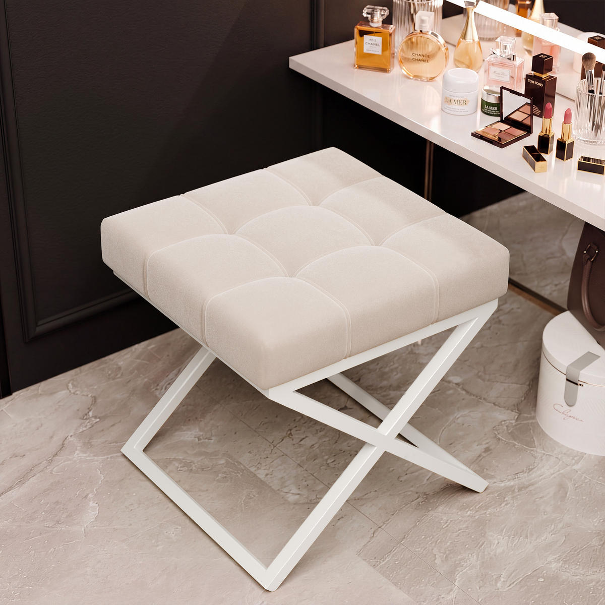 HOCKER LIND 45/45/45 cm, Weiß / Beige - Beige/Weiß, Textil/Metall (45/45/45cm) - Idohome