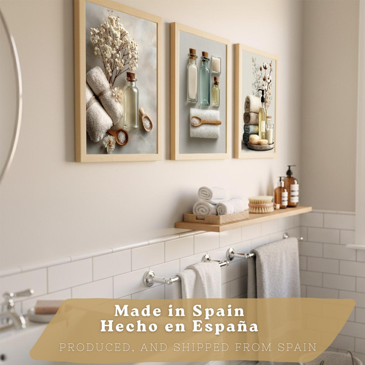 POSTER 3er-Set dekorative Badezimmer-Wandbilder und für Waschbecken, Dusche, WC mit Flaschen, Badesalz und Handtüchern, Leichter Holzrahmen A3 - Beige, Papier (42/29.7/3cm) - Nacnic