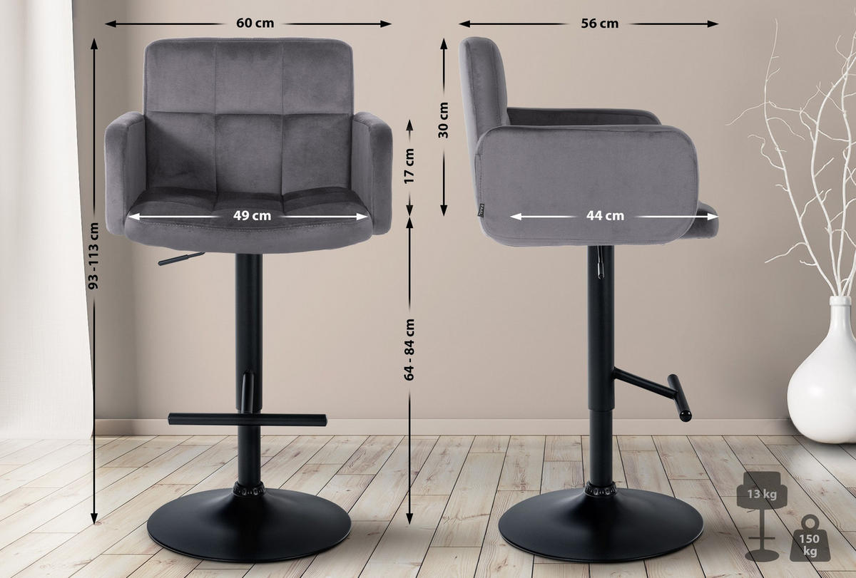 BARHOCKER Samt Dunkelgrau - Dunkelgrau/Schwarz, Textil/Metall (60/93/56cm) - CLP