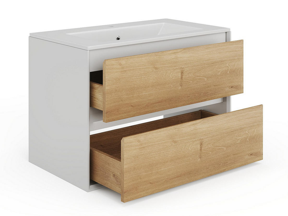 EINZELWASCHTISCH - 80cm x 45.6cm - MDF - naturfarben hell, weiß - LANNICK - Naturfarben, Keramik (80/55/45.6cm) - Vente-Unique