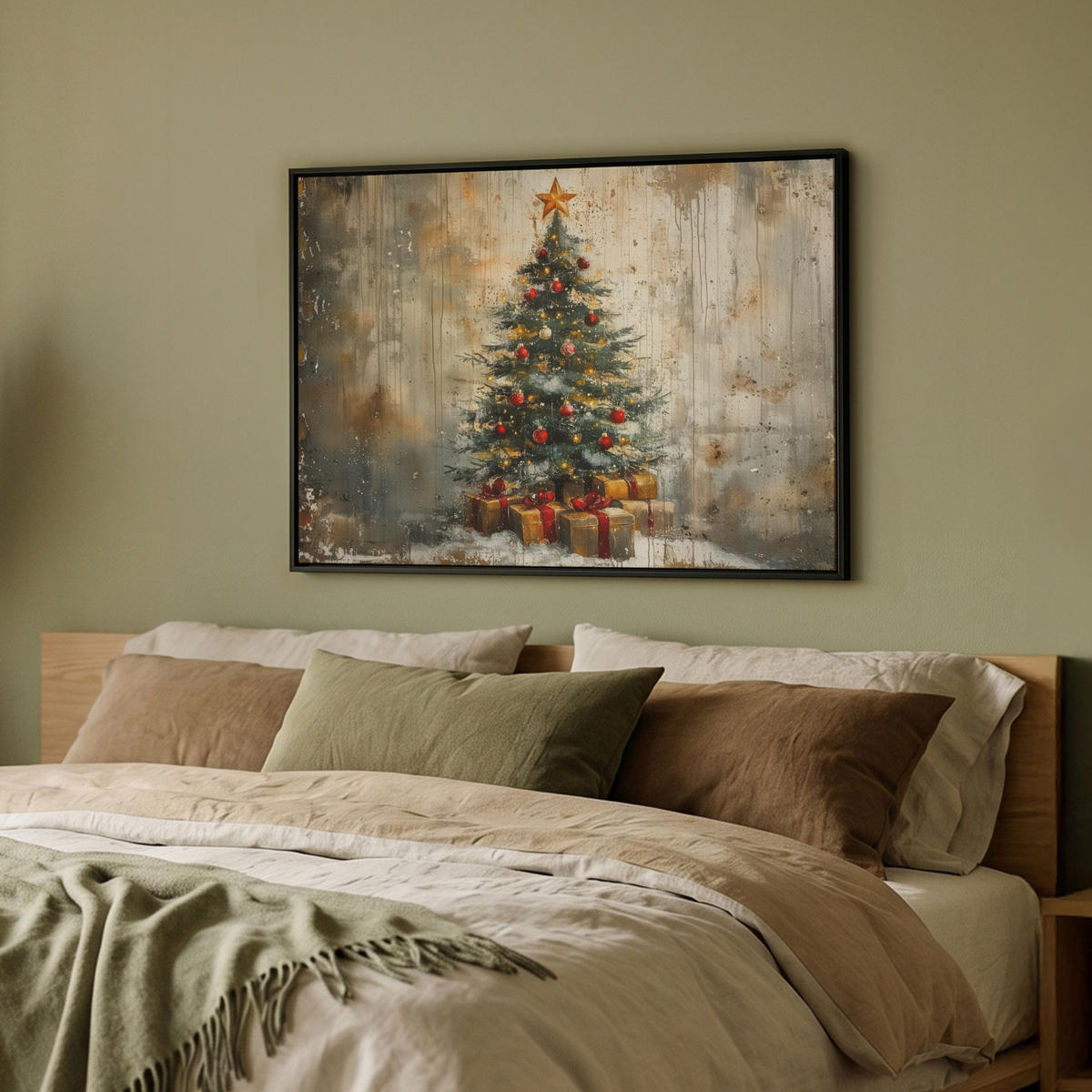 LEINWAND Bilder mit Rahmen - Weihnachtsbaum - Vintage - Weihnachten - Geschenk - 70x50 - Rostfarben, Textil (70/50cm) - MuchoWow