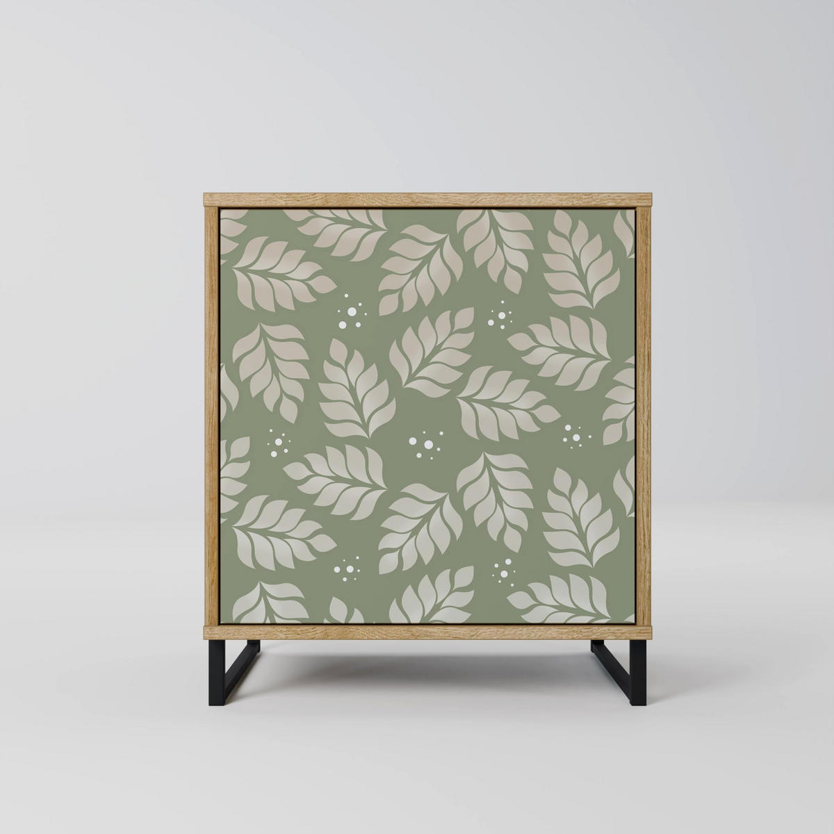 SIDEBOARD LEAVES ON GREEN, Eichefarben, 57,5x42x72,5 cm, Schwarze Metallfüße - Eichefarben/Multicolor, Holzwerkstoff/Metall (57.5/72.5/42cm) - SpaceRebels