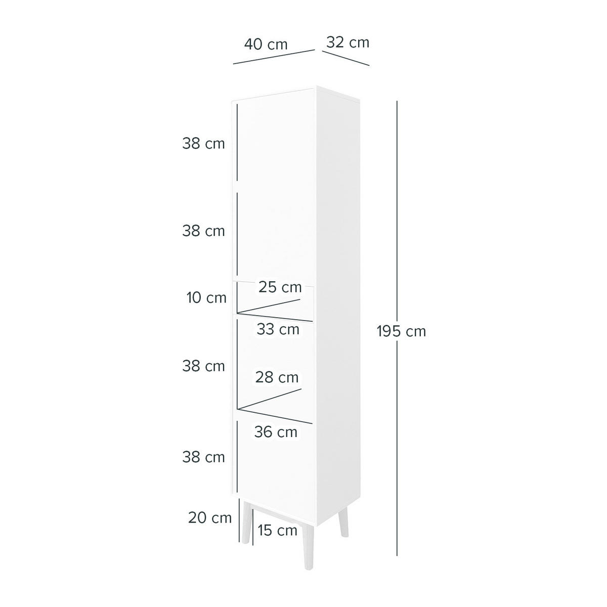 HOCHSCHRANK - Eiche teilmassiv - Weiß, Holzwerkstoff (40/195/32cm) - home24