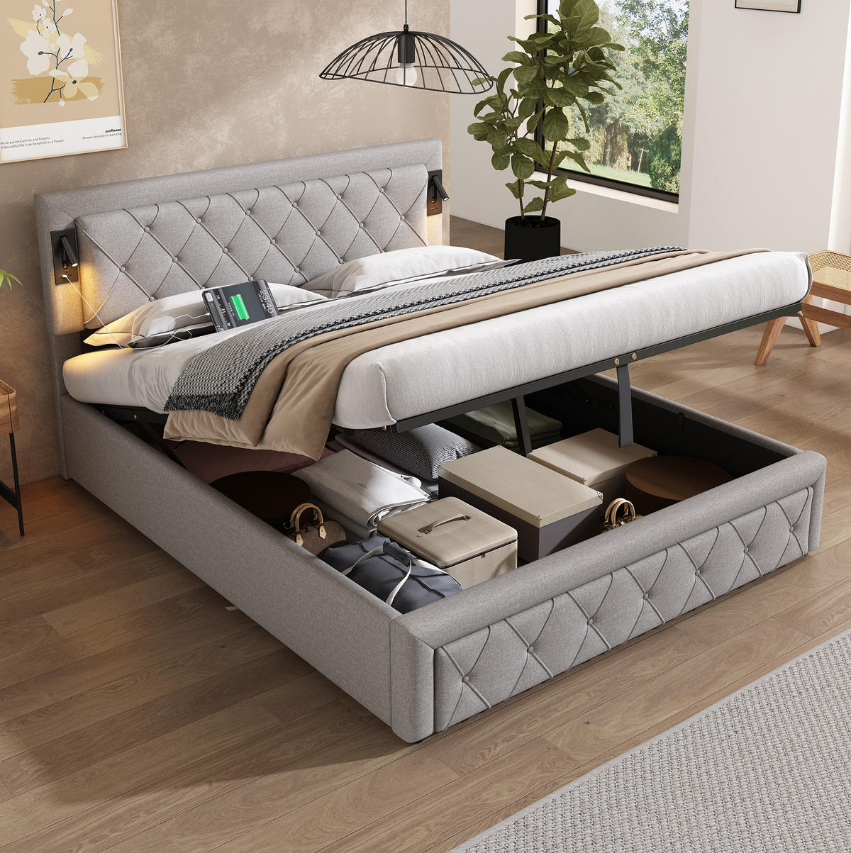 POLSTERBETT mit LED-Beleuchtung 160/200 cm mit Bettkasten und USB - Grau, Textil (160/200cm) - BEAOK