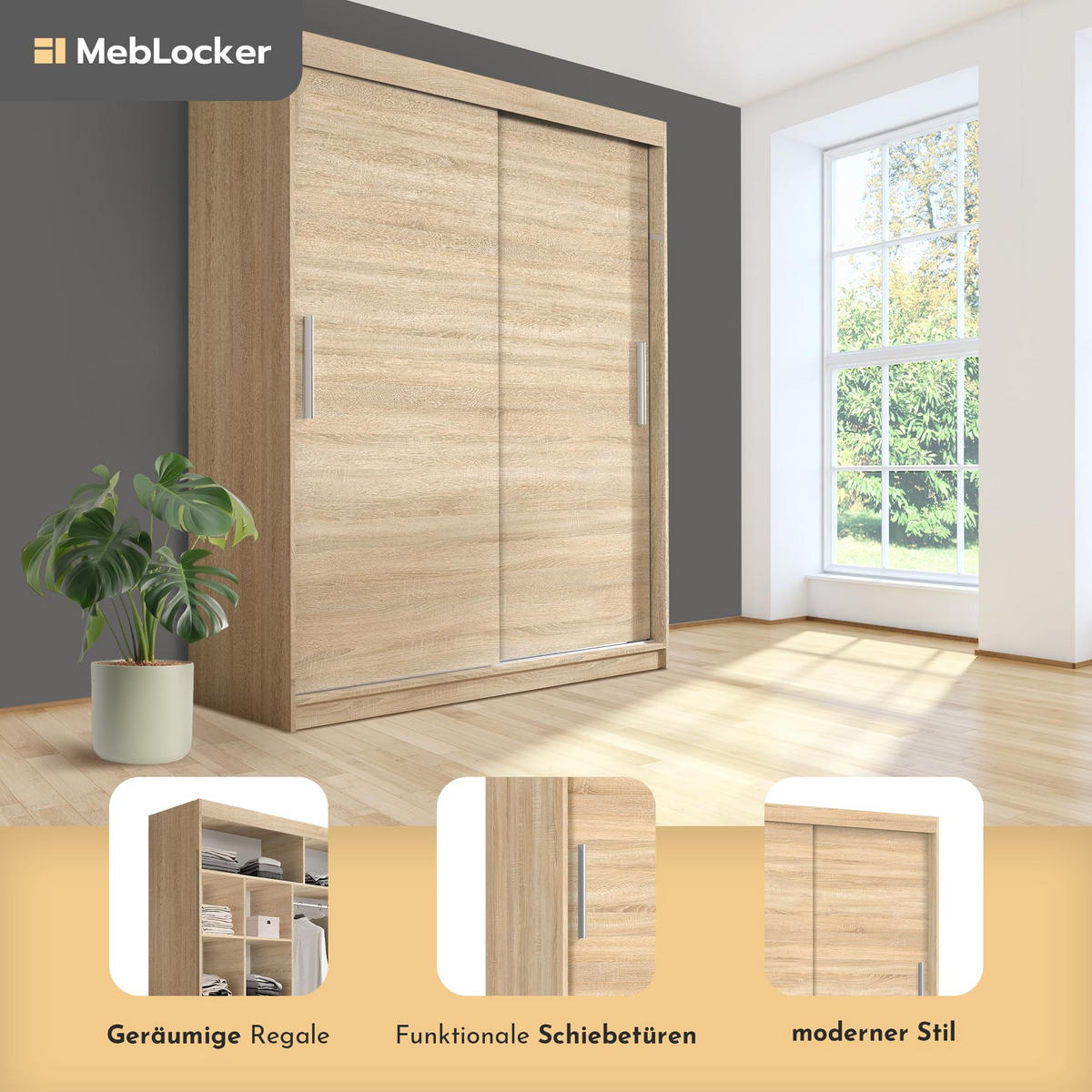 SCHIEBETÜRENSCHRANK180X59X215.5 cm Sonoma - Sonoma Eiche, Holzwerkstoff (215.5/180/59cm) - MebLocker