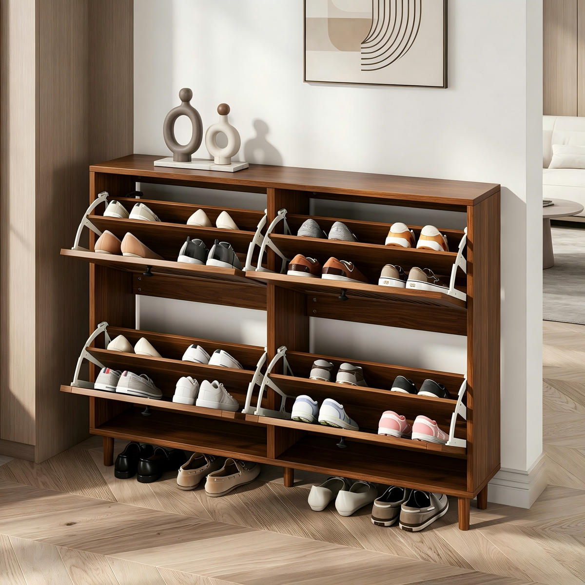 SCHUHSCHRANK in Walnussfarben mit 4 Kipptüren mit 8 Fächern für Flur, B120/T24/H90 cm - Walnussfarben, Holzwerkstoff (120/90/24cm) - STILVORA