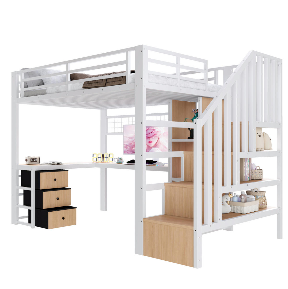 HOCHBETT 90/200 cm weiß aus Metall und MDF mit Schreibtisch und LED - Weiß, Metall (90/200cm) - OKWISH