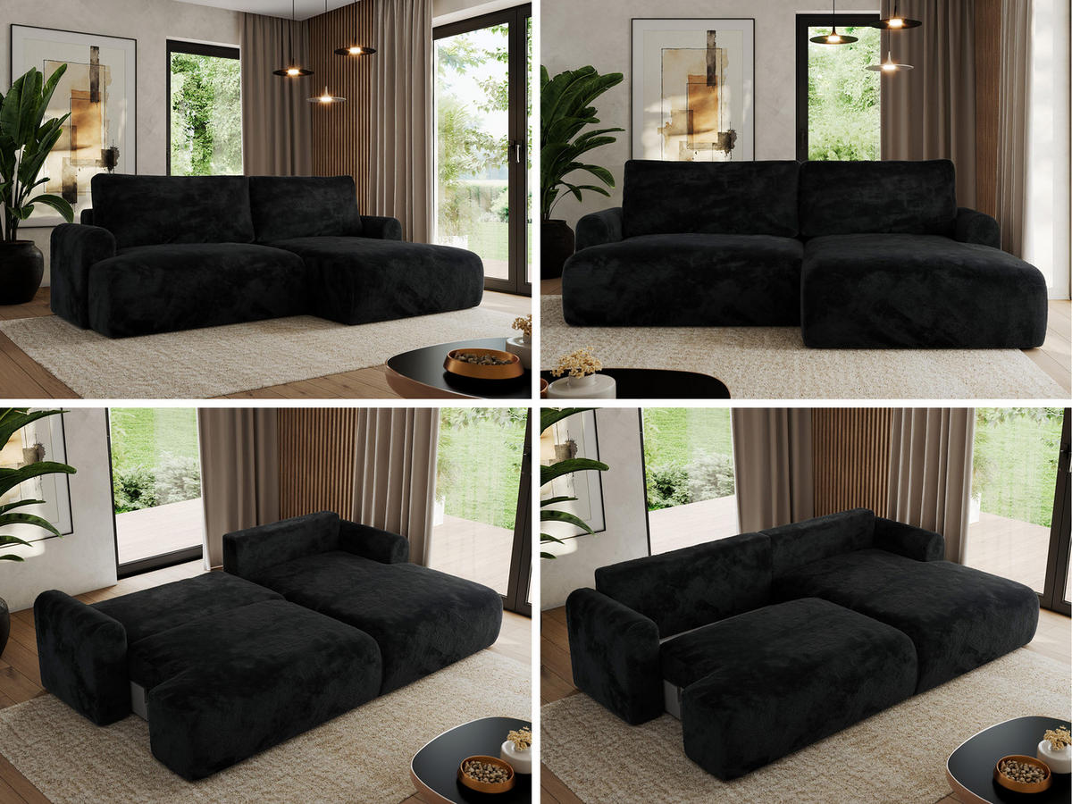 ECKSCHLAFSOFA TONO L Schwarz Plüsch - rechts - Schwarz, Kunststoff/Textil (150/260cm) - MKS
