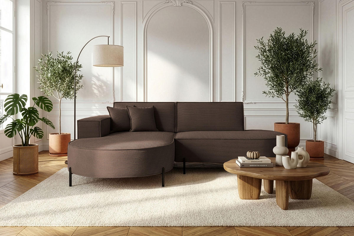 ECKSOFA Hana Loft 3-Sitzer Ecke Links, Cordstoff Chenille, Dunkelbraun 241/80/168 cm - Schwarz/Braun, Textil/Metall (241/168cm) - WFL GROUP