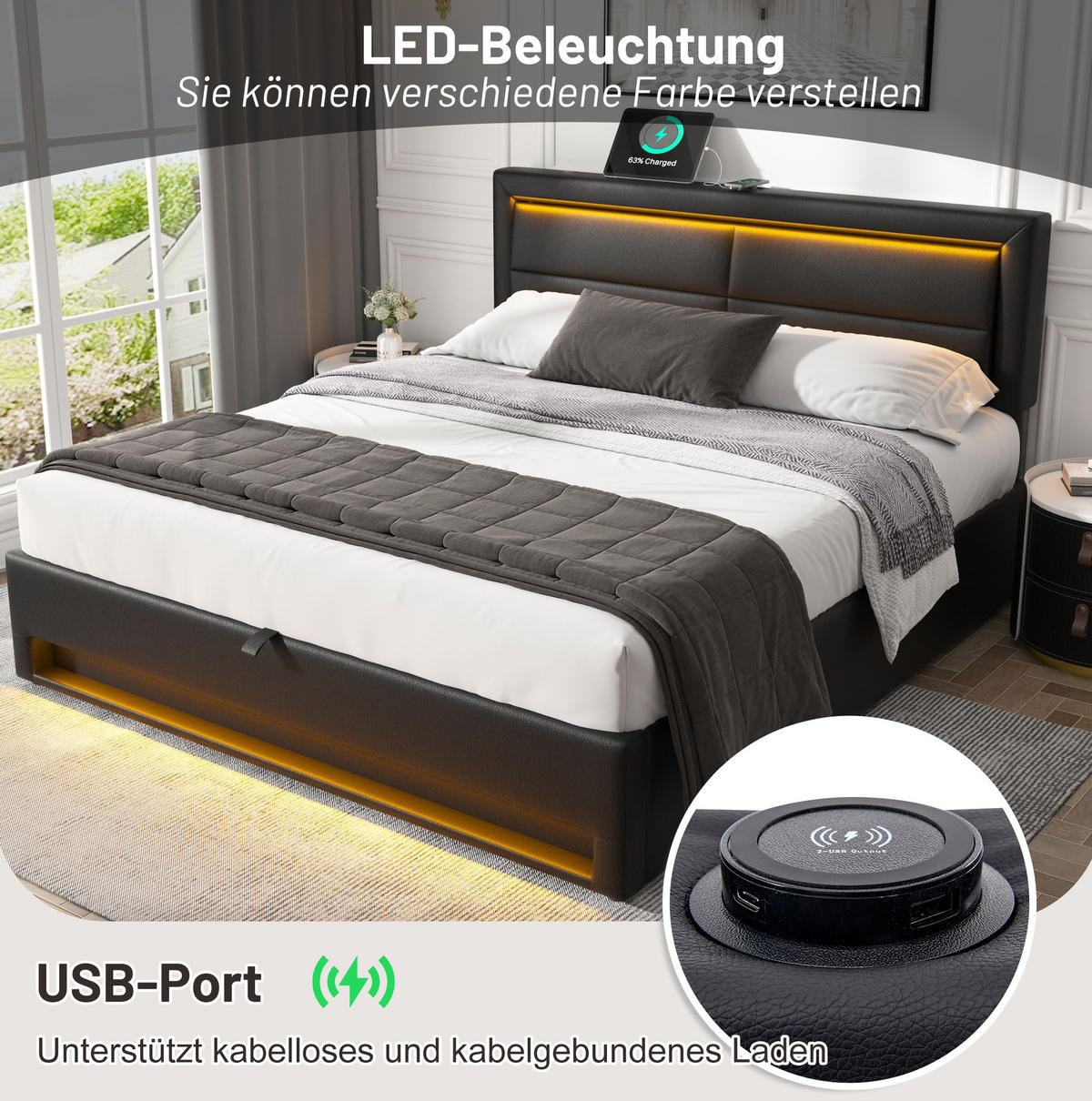 ČALÚNENÁ posteľ 140/200 cm čierna z PU s LED osvetlením USB nabíjaním a úložným priestorom - čierna, plast (140/200cm) - OKWISH