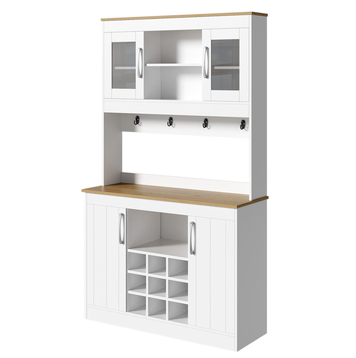 KÜCHENBUFFET aus Spanplatte 106x39x175 cm Weiß und Naturholzfarbe mit Glastüren, Weinregal und Hakenleiste - Weiß, Holzwerkstoff (106/175/39cm) - IVMEU