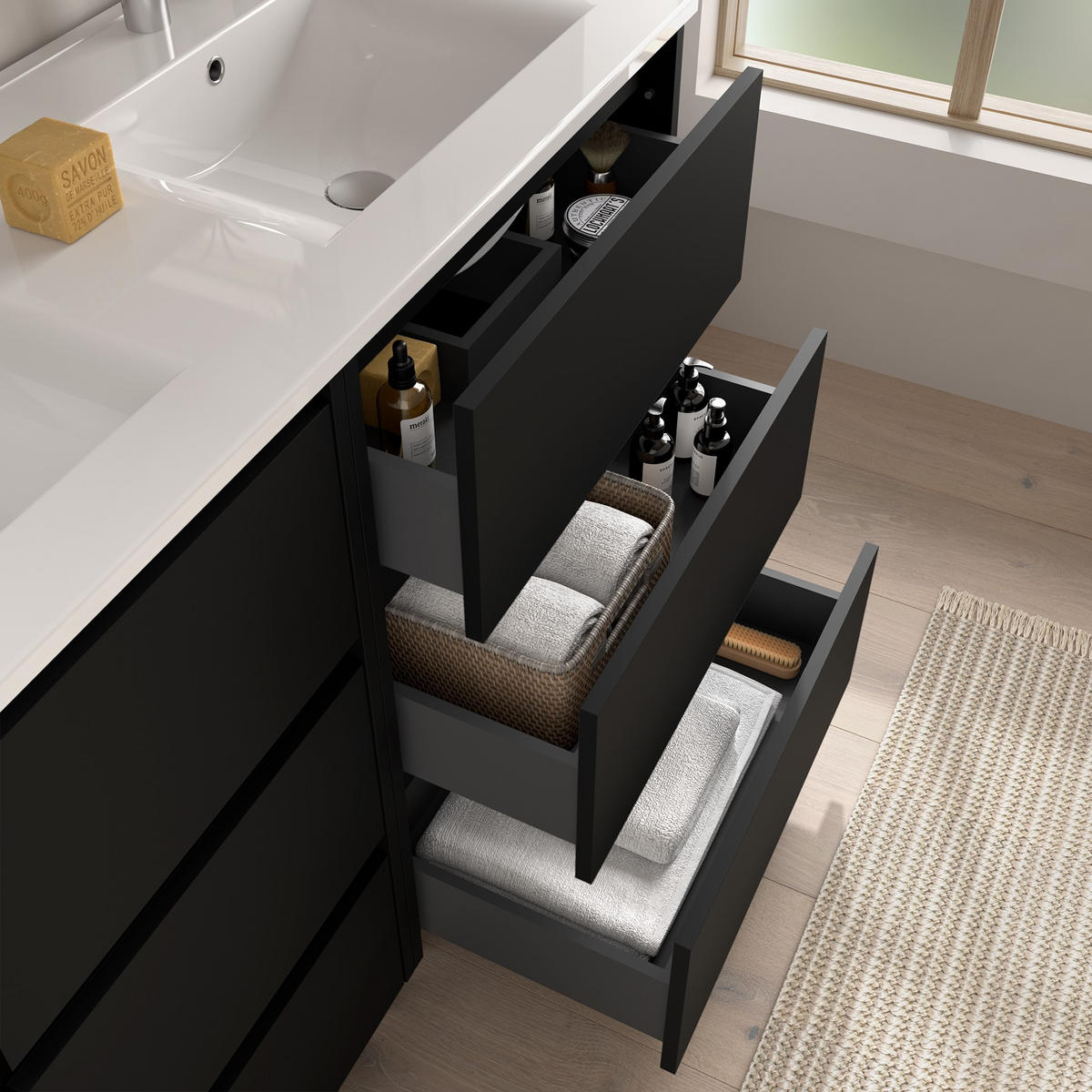 BADEZIMMERMÖBEL NOJA 1200 6 Schubladen BLACK SATIN + Waschtisch + Spiegel - Schwarz Hochglanz/Alufarben, Metall (45/81/120cm) - Salgar