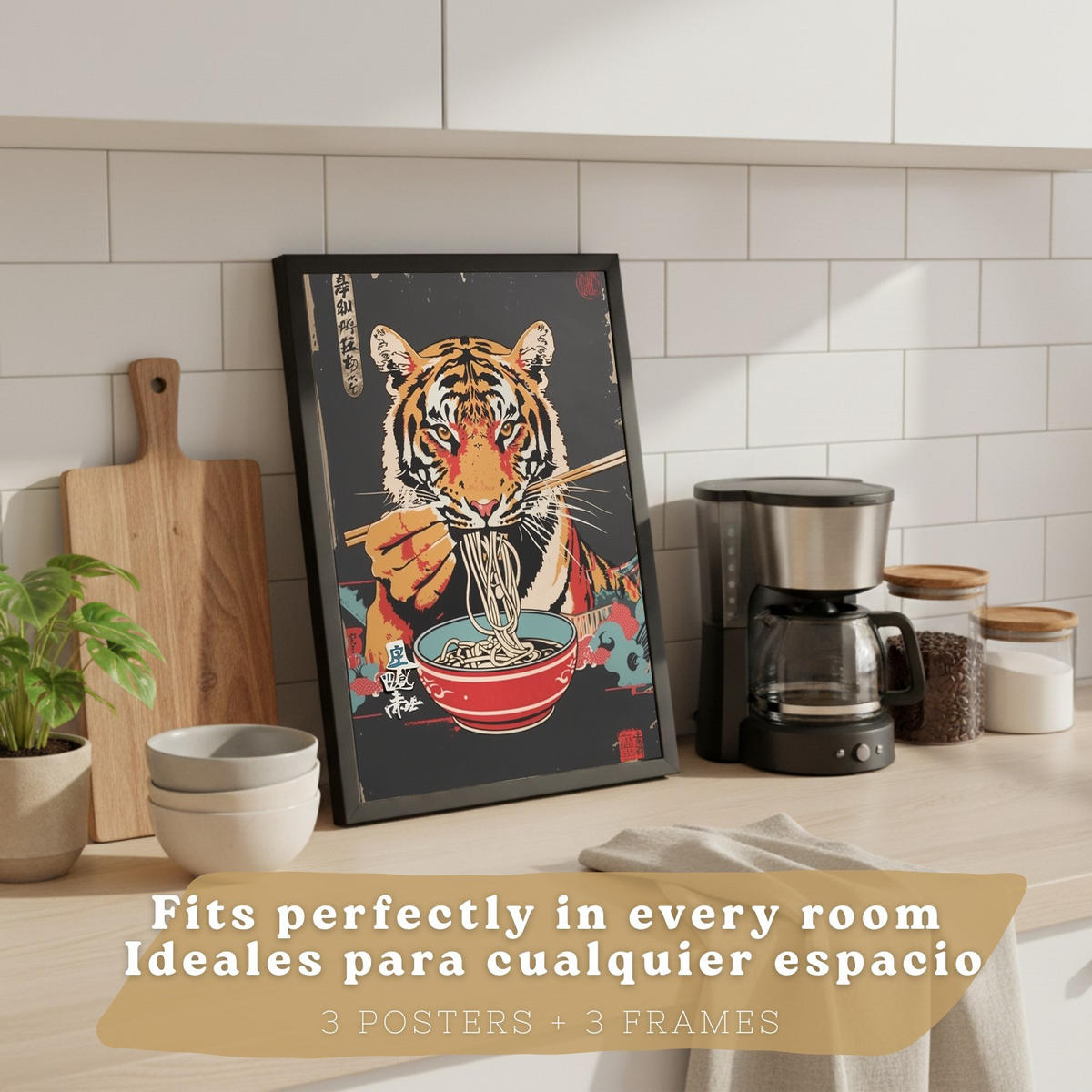 PLAKAT Sada 3 Ramen Animals A4 Černý rám - černá, papír (29.7/1/21cm) - Nacnic