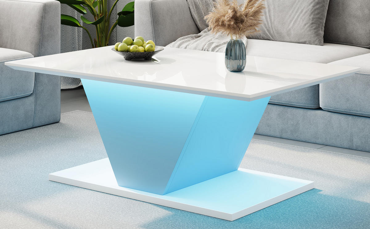 COUCHTISCH 100/50/46 cm V-Form mit LED-Beleuchtung hochglänzend weiß - Weiß, Holzwerkstoff (100/50/46cm) - OKWISH