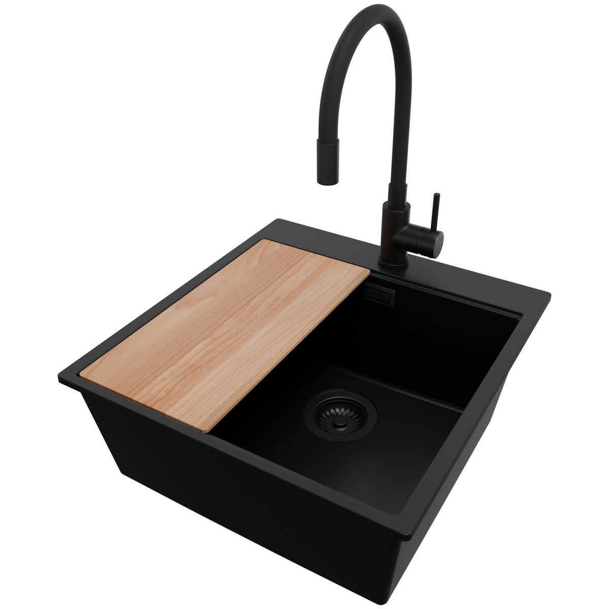 GRANITSPÜLE Oslo, 2-er set Alles Schwarz 48/50 cm 1 Becken + Küchenarmatur 40/38 cm + Ablauf-Set + Schneidebrett ab 50er Unterschrank - Beige/Schwarz, Kunststoff (48/20/50cm) - Primagran