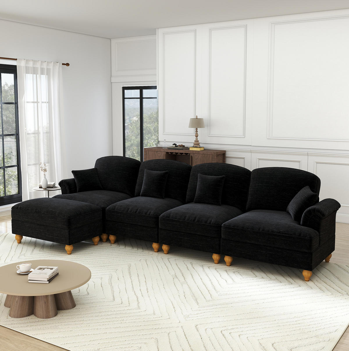 ECKSOFA 350/140/93 cm schwarz aus Chenille mit Rüschenrock und beweglichem Hocker - Schwarz, Textil (140/350cm) - OKWISH