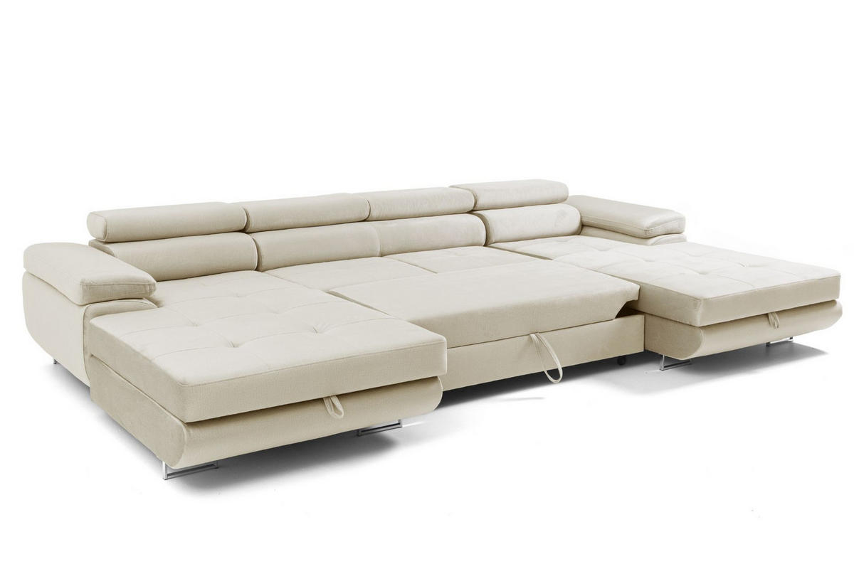 ECKSOFA U-Form ALONZO U mit Schlaffunktion 130x280 Velours Beige - Beige/Silberfarben, Holz/Textil (350/90/203cm) - Muffo