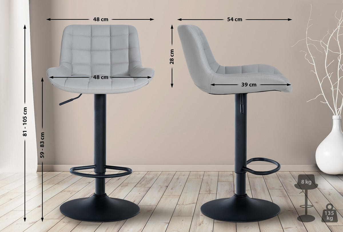 BARHOCKER 2er Set Tower Kunstleder grau - Schwarz/Grau, Kunststoff/Metall (48/105/54cm) - TPFLiving