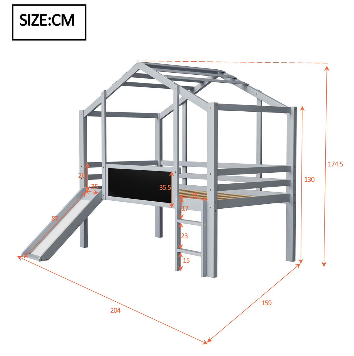 HAUSBETT 90/200 cm Grau aus Massivholz mit Rutsche und Tafel - Grau, Holz (90/200cm) - OKMYHOME