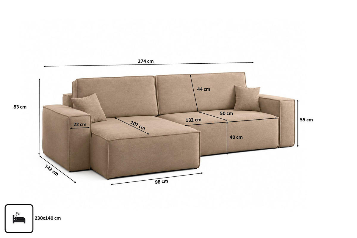 ECKSOFA L-Form Mit Schlaffunktion Und Bettkasten, Veloursstoff Bluvel, Latte, Links, BEST XL - Cappuccino, Holz (274/142cm) - Kaiser Möbel