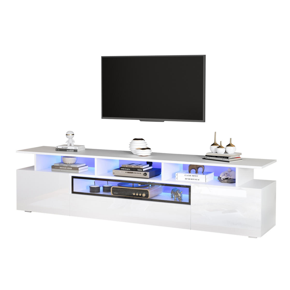 TV-LOWBOARD aus Spanplatte 180x38x45 cm Weiß mit LED-Beleuchtung, 2 Schränken und 1 Schublade - Weiß, Holzwerkstoff (180/45/38cm) - IVMEU
