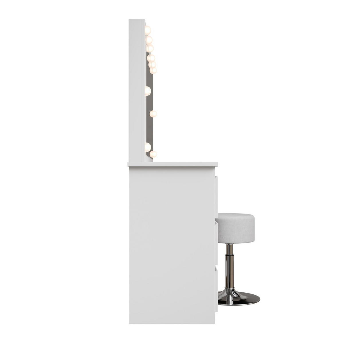 SCHMINKTISCH Lilia weiß mit LED-Beleuchtung und Hocker Tonia - Weiß, Holz (108/140/41cm) - Juskys