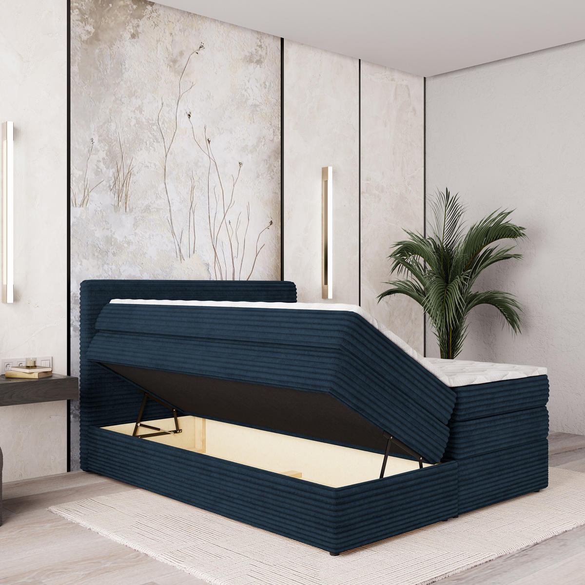BOXSPRINGBETT LUNERA 160x200 cm mit Matratze und Topper - Blau - Blau, Holz (160/200cm) - MASSENO