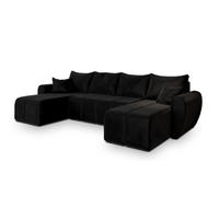 WOHNLANDSCHAFT MADISON U Schwarz Plüsch-Stoff mit Schlaffunktion - Schwarz, Holz (311/82/145cm) - MASSENO