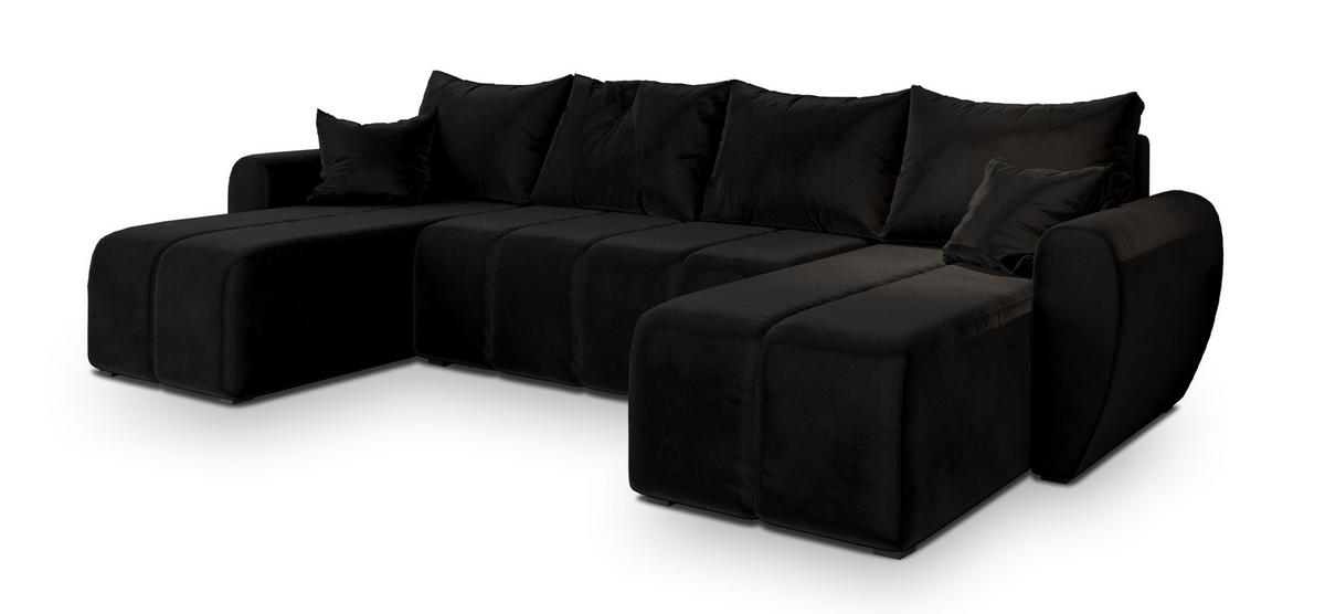 WOHNLANDSCHAFT MADISON U Schwarz Plüsch-Stoff mit Schlaffunktion - Schwarz, Holz (311/82/145cm) - MASSENO