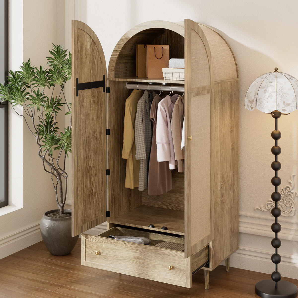 KLEIDERSCHRANK Holz Leinen Schubladen großer Stauraum modern - Eichefarben, Holzwerkstoff (50/175/79cm) - FLIEKS