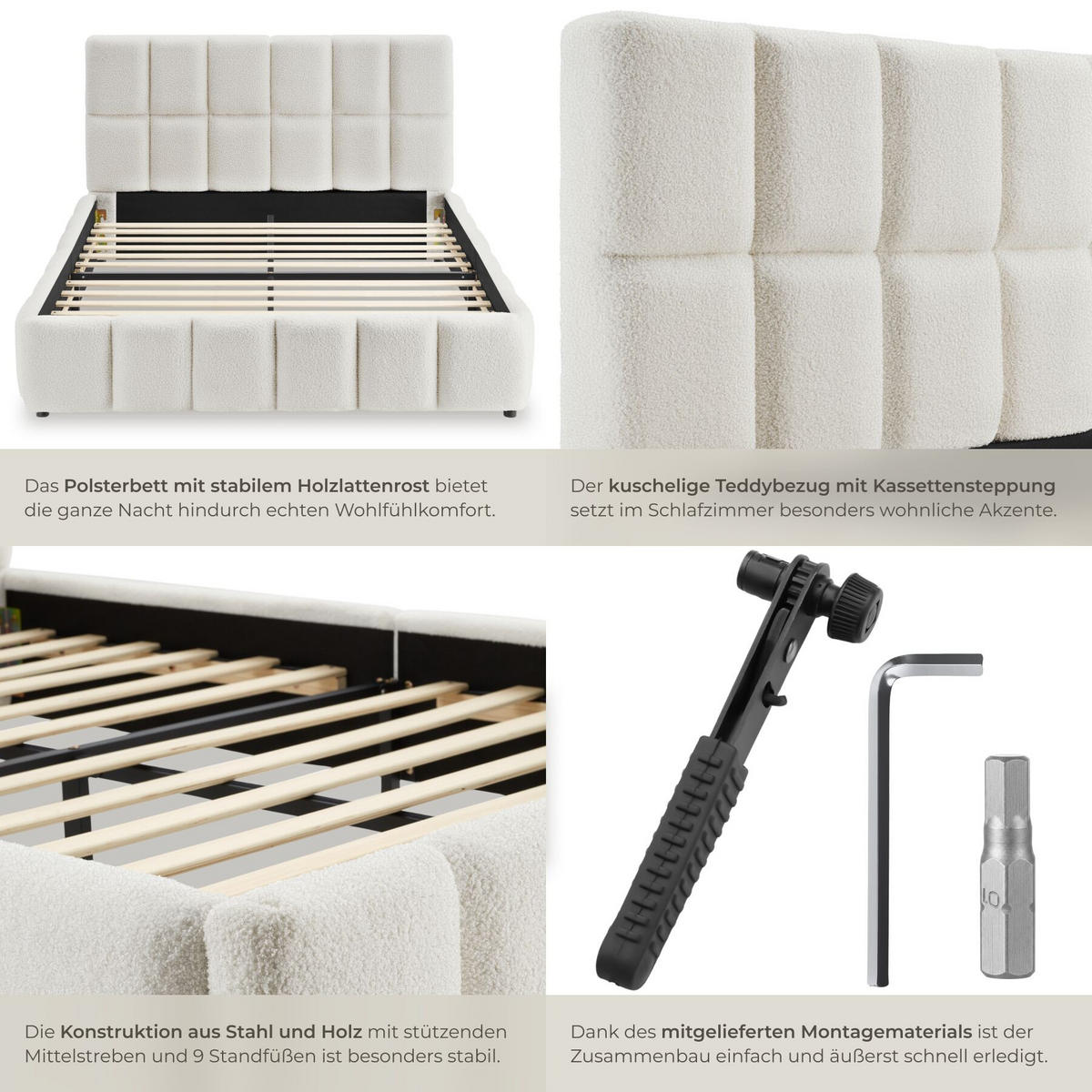 POLSTERBETT Shirley, Belastbarkeit 250 kg, Teddy creme - Creme, Holz (140/200cm) - tectake