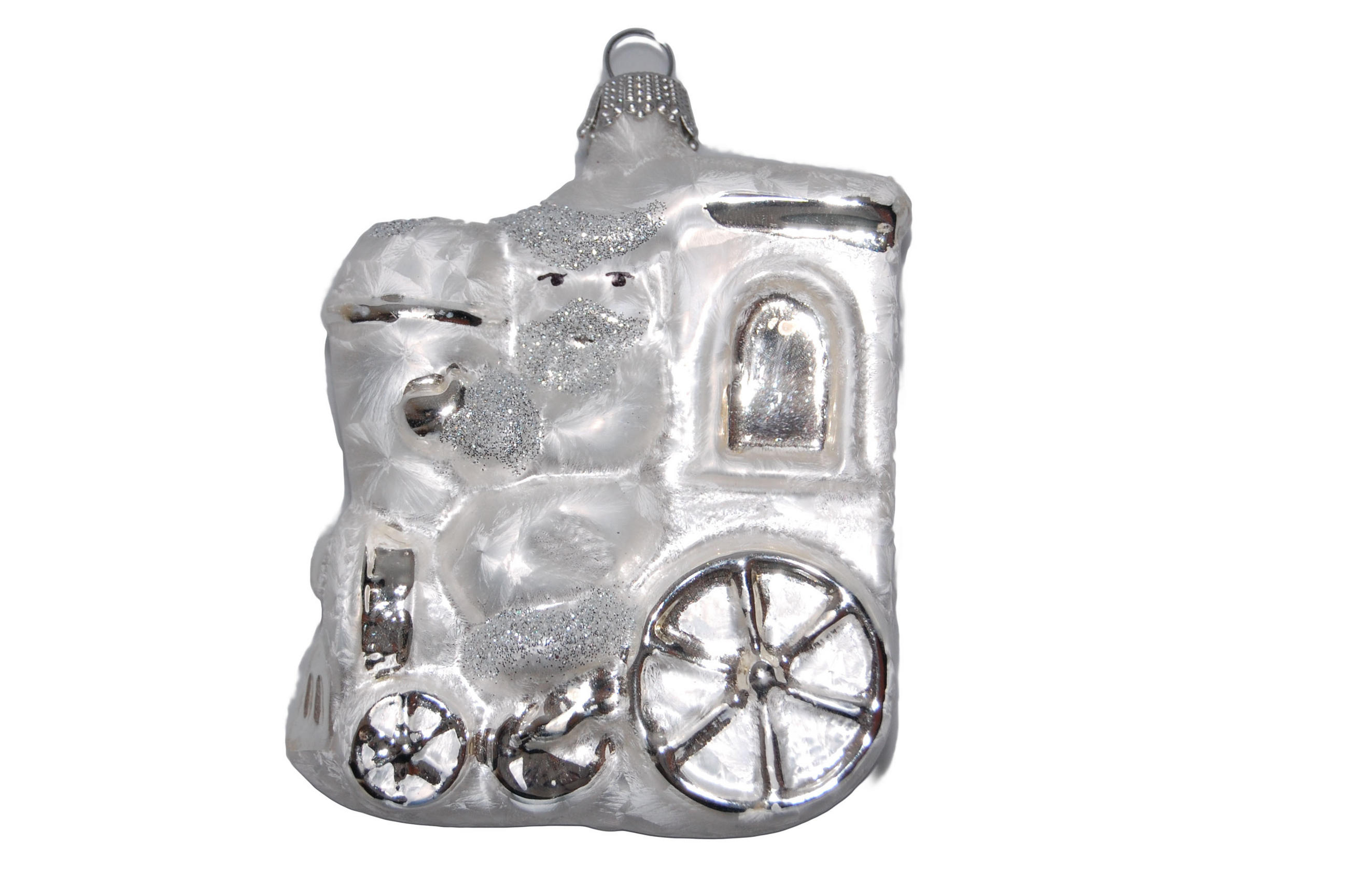 CHRISTBAUMSCHMUCK Weihnachtsmann auf der Lok Silberfarbig 9cm (Glas / 1 Stk.) - Silberfarben, Glas (3/8/7cm) - Krebs Glas Lauscha