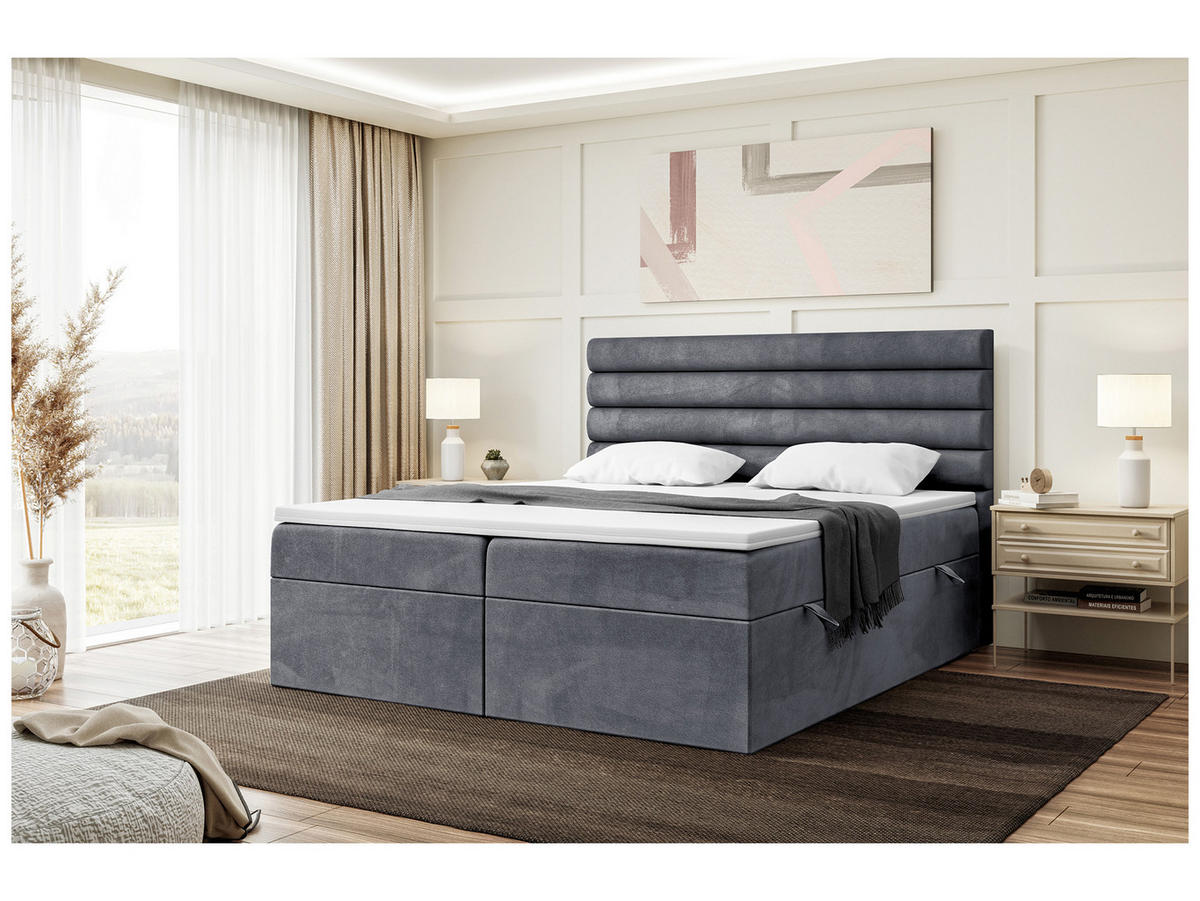 BOXBETT KARIM 180x200 cm in Dunkelgrau Samt - Dunkelgrau/Schwarz, Holz/Holzwerkstoff (180/200cm) - Meblini