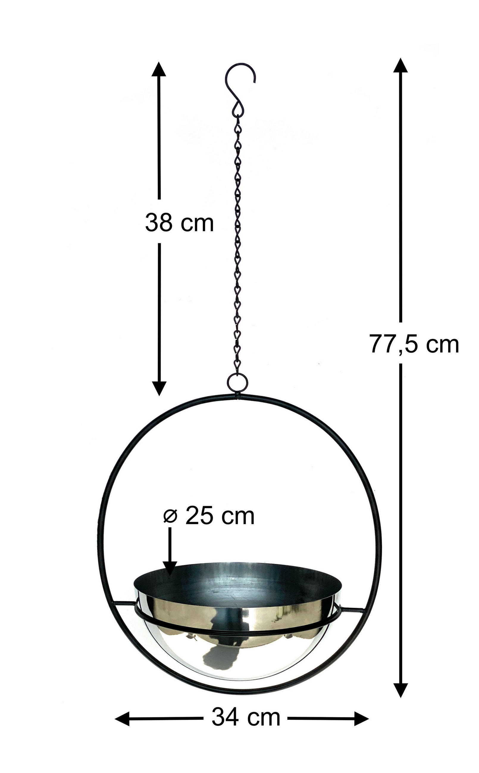 BLUMENAMPEL Innen Metall Wand 78 cm 96087 L mit Topf Silber - Schwarz, Metall (25/12.5/25cm) - DanDiBo
