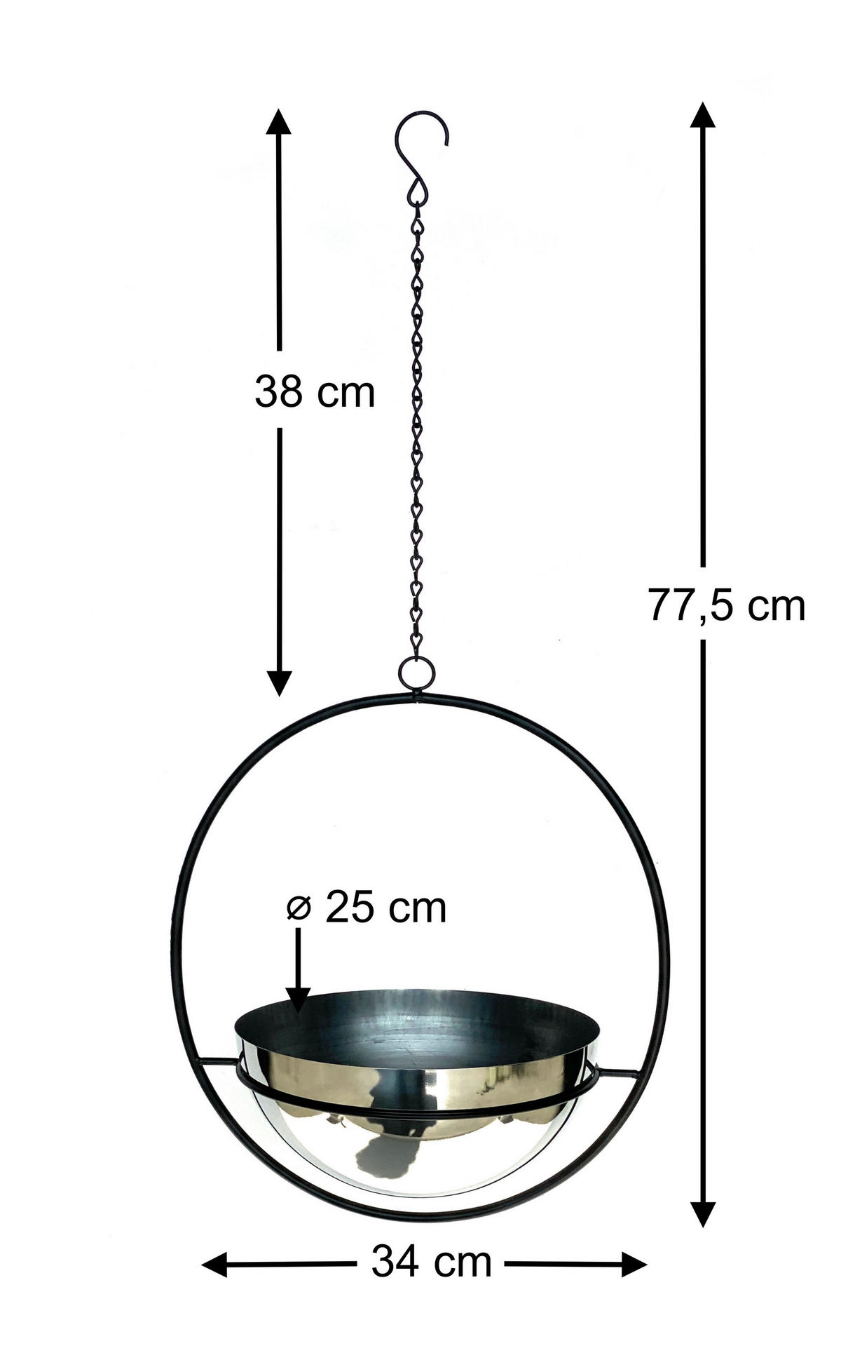 BLUMENAMPEL Innen Metall Wand 78 cm 96087 L mit Topf Silber - Schwarz, Metall (25/12.5/25cm) - DanDiBo