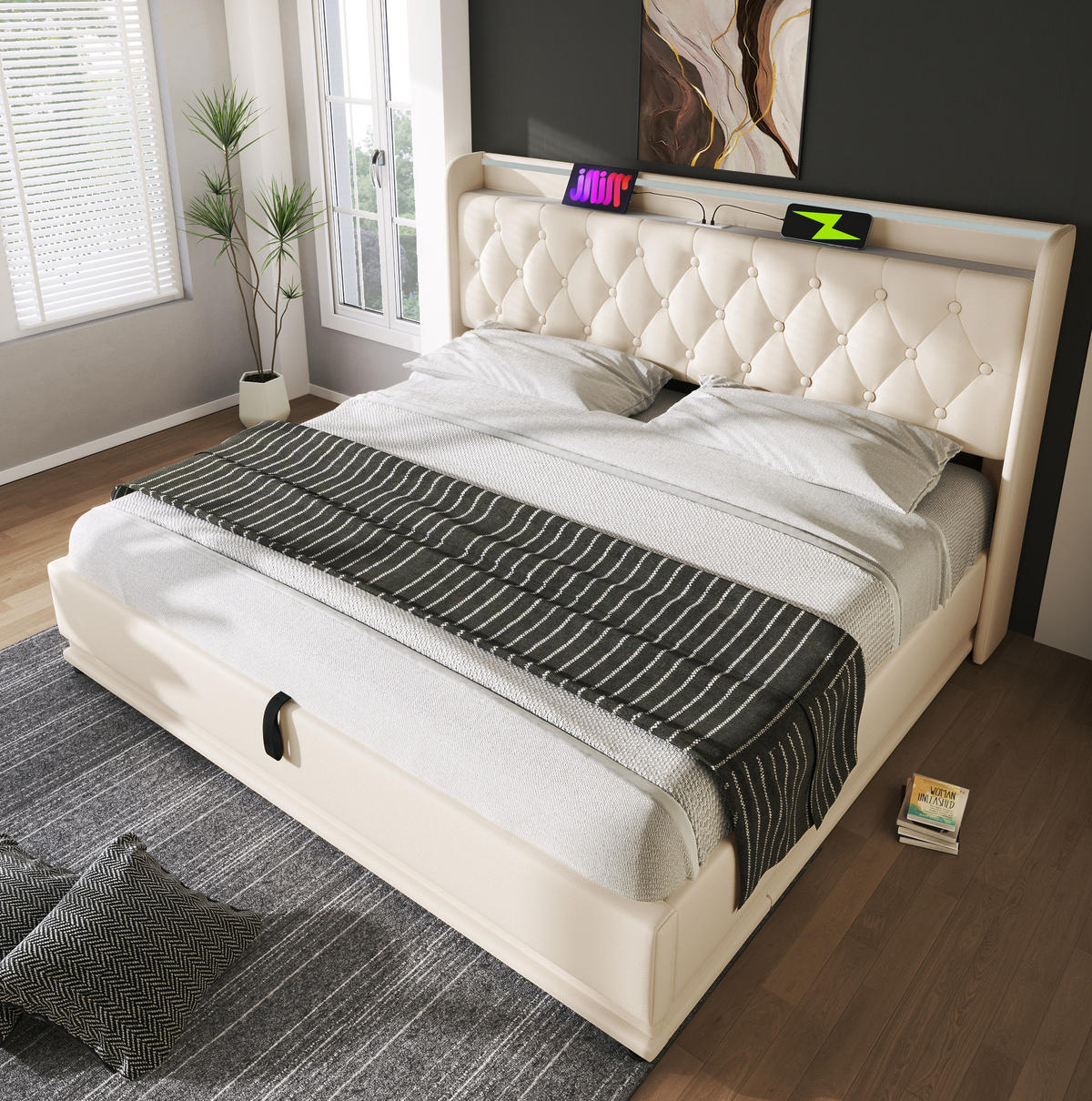 POLSTERBETT aus PU 160x200 cm in Weiß mit LED-Beleuchtung & Matratze - Weiß, Leder (160/200cm) - Modfu