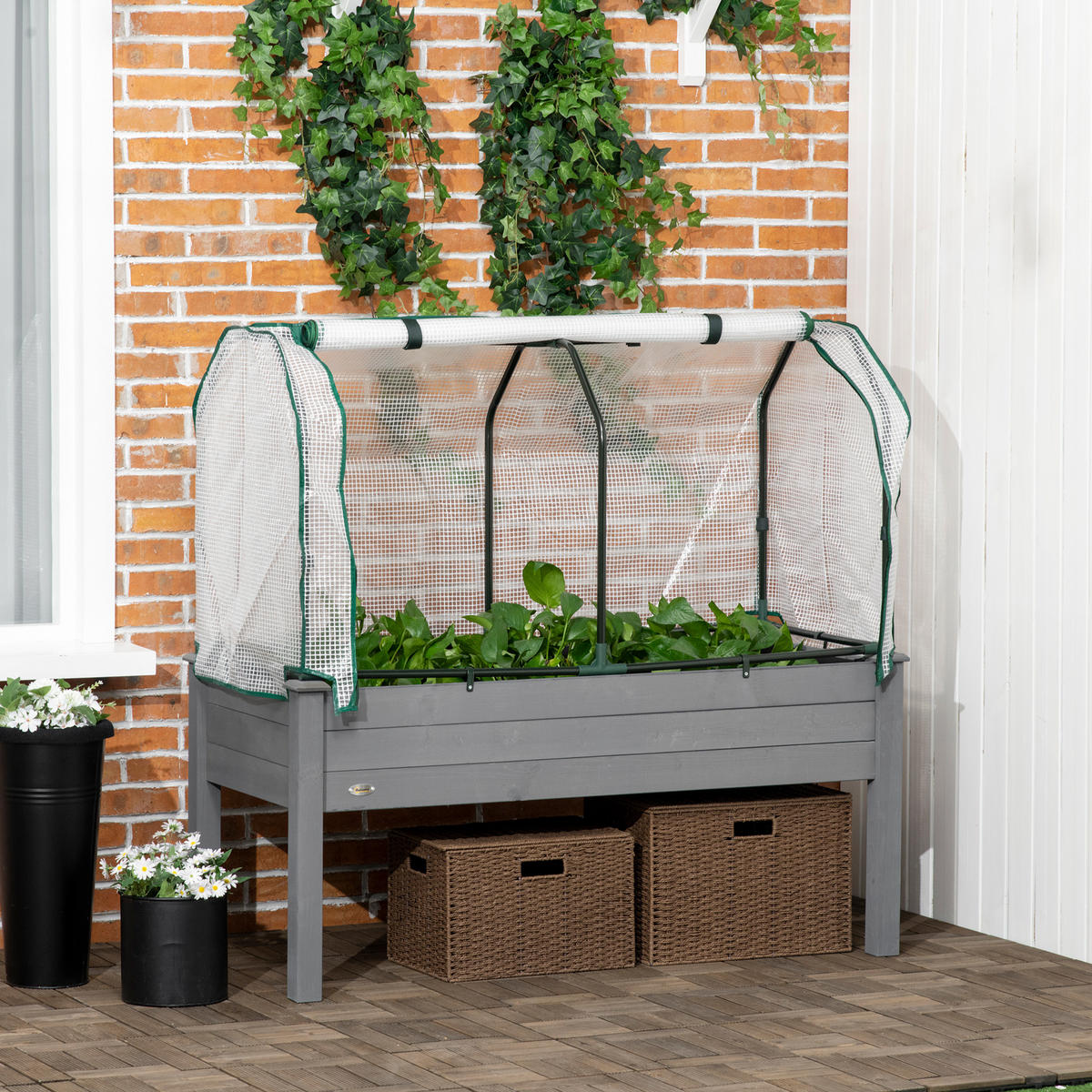 HOCHBEET DE-16039 mit PE-Abdeckung Natur - Dunkelgrau, Holzwerkstoff (121/117/55cm) - ComfortXL