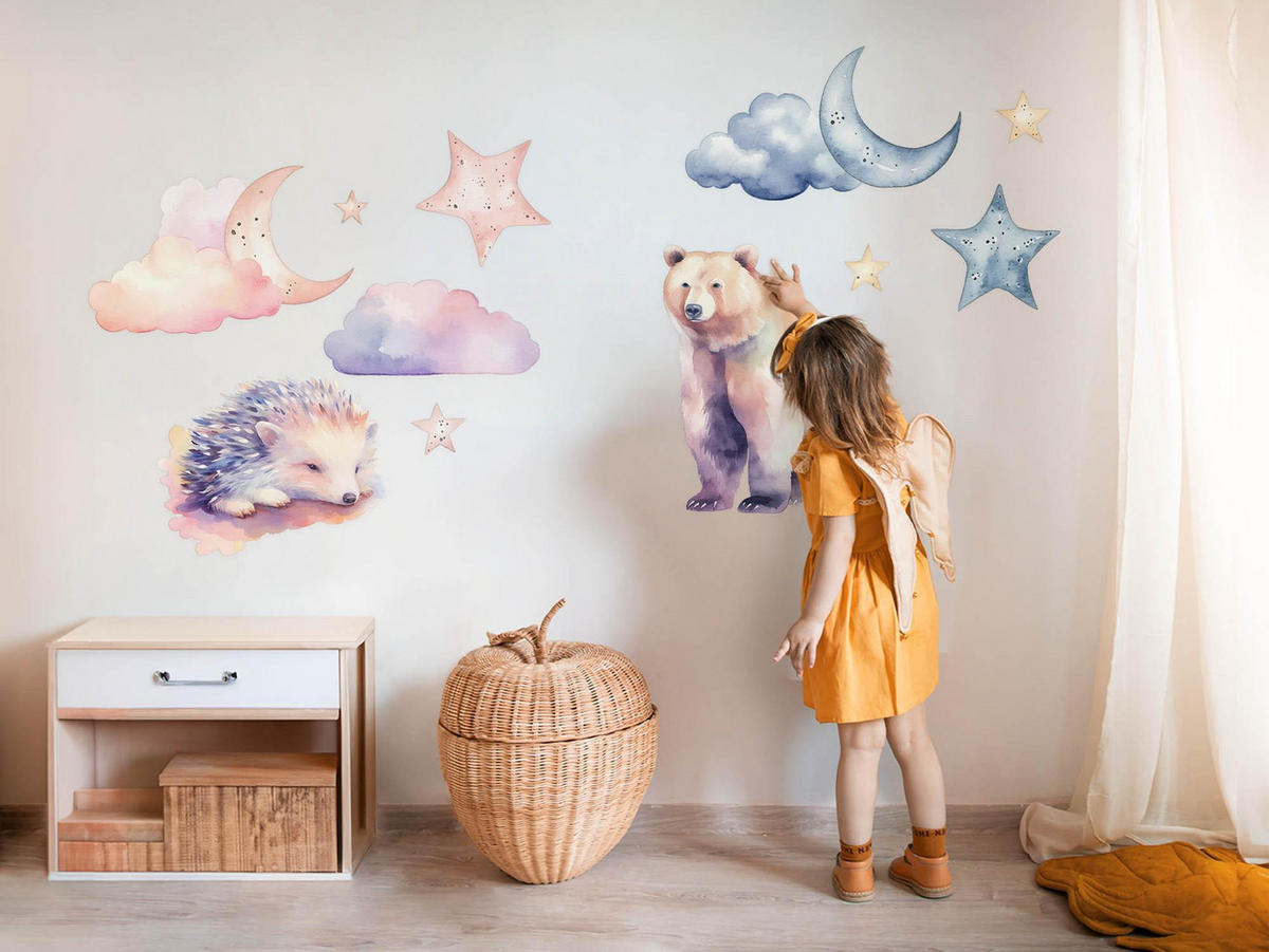 WANDAUFKLEBER 130x232cm - Tiere am Nachthimmel - Multicolor, Kunststoff (130/232/0.1cm) - Wallfluent