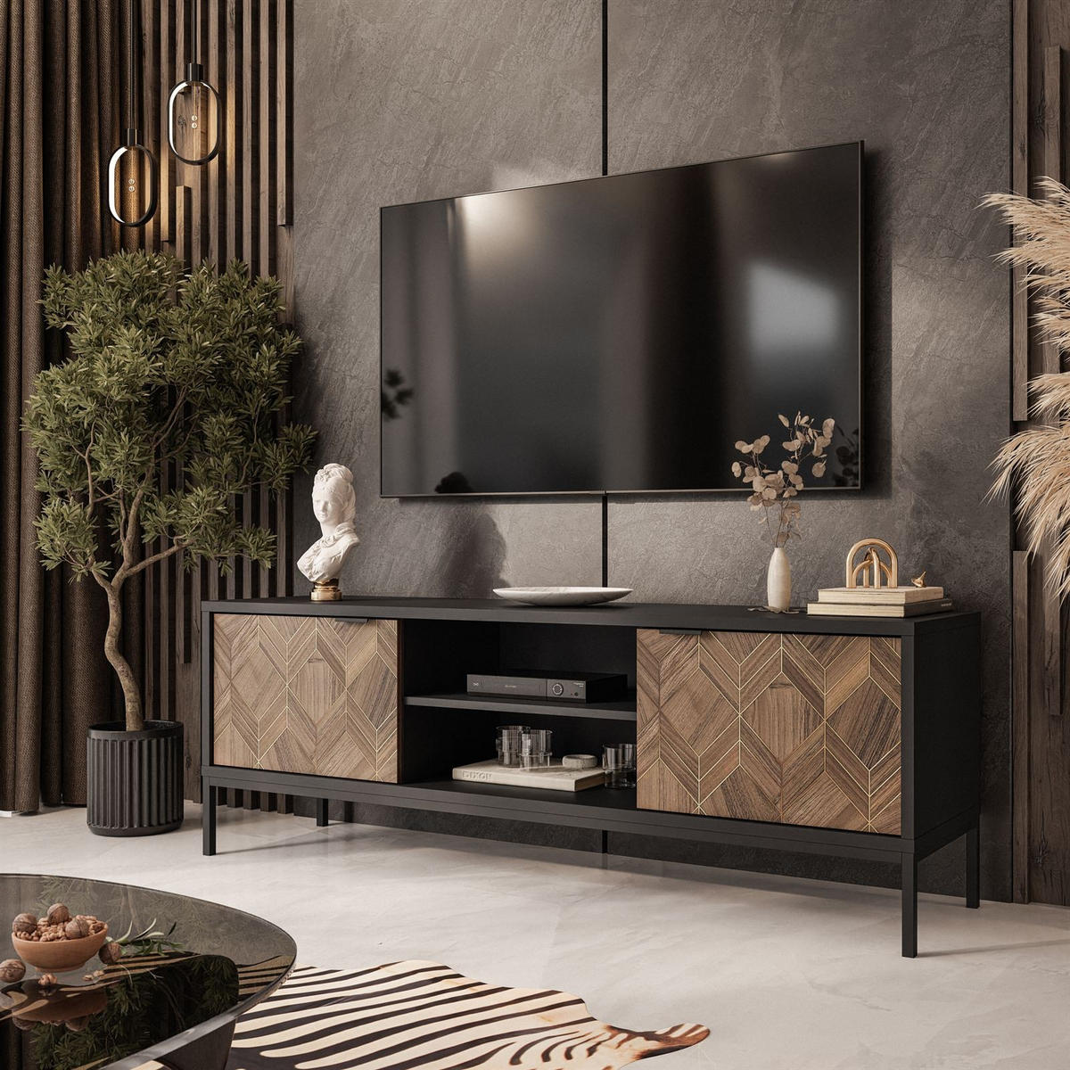 TV Element LIAM mit Ablagen - Schwarz, Holzwerkstoff (160/56/41cm) - Lookway