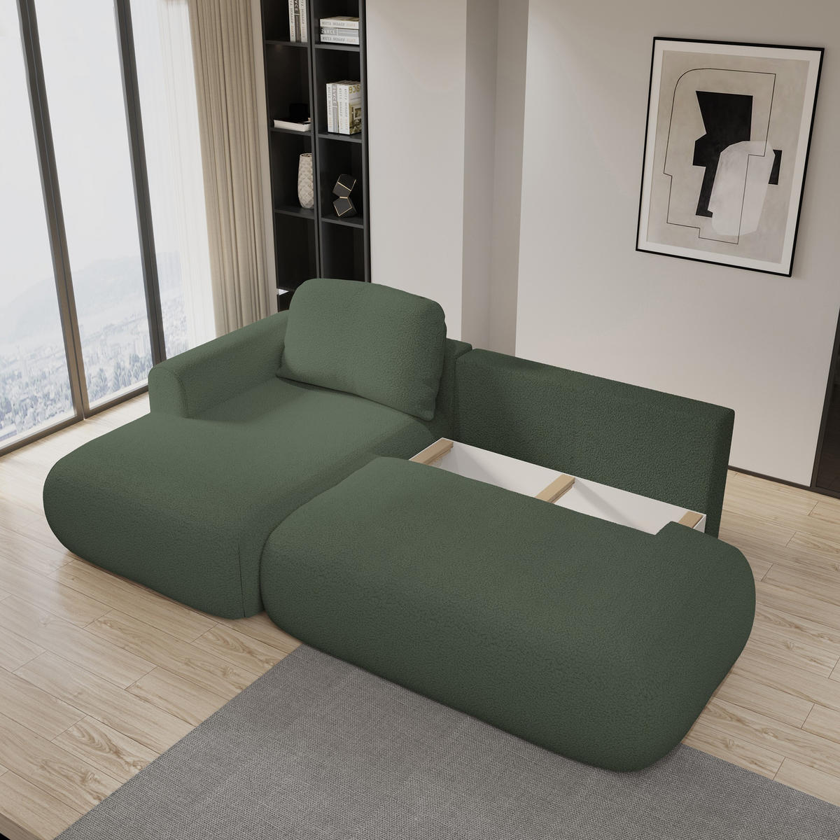 ECKSOFA NUVIRA L-S Grün Boucle-Stoff mit Schlaffunktion - Grün, Holz (274/165cm) - MASSENO