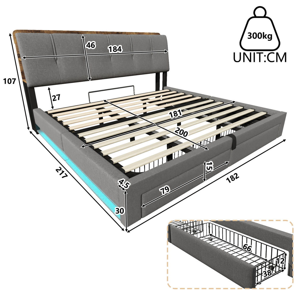 POLSTERBETT 180/200 cm Grau aus Leinen mit hydraulischem Bettkasten, USB-/Typ-C-Anschluss, LED-Beleuchtung - Grau, Textil (180/200cm) - OKMYHOME