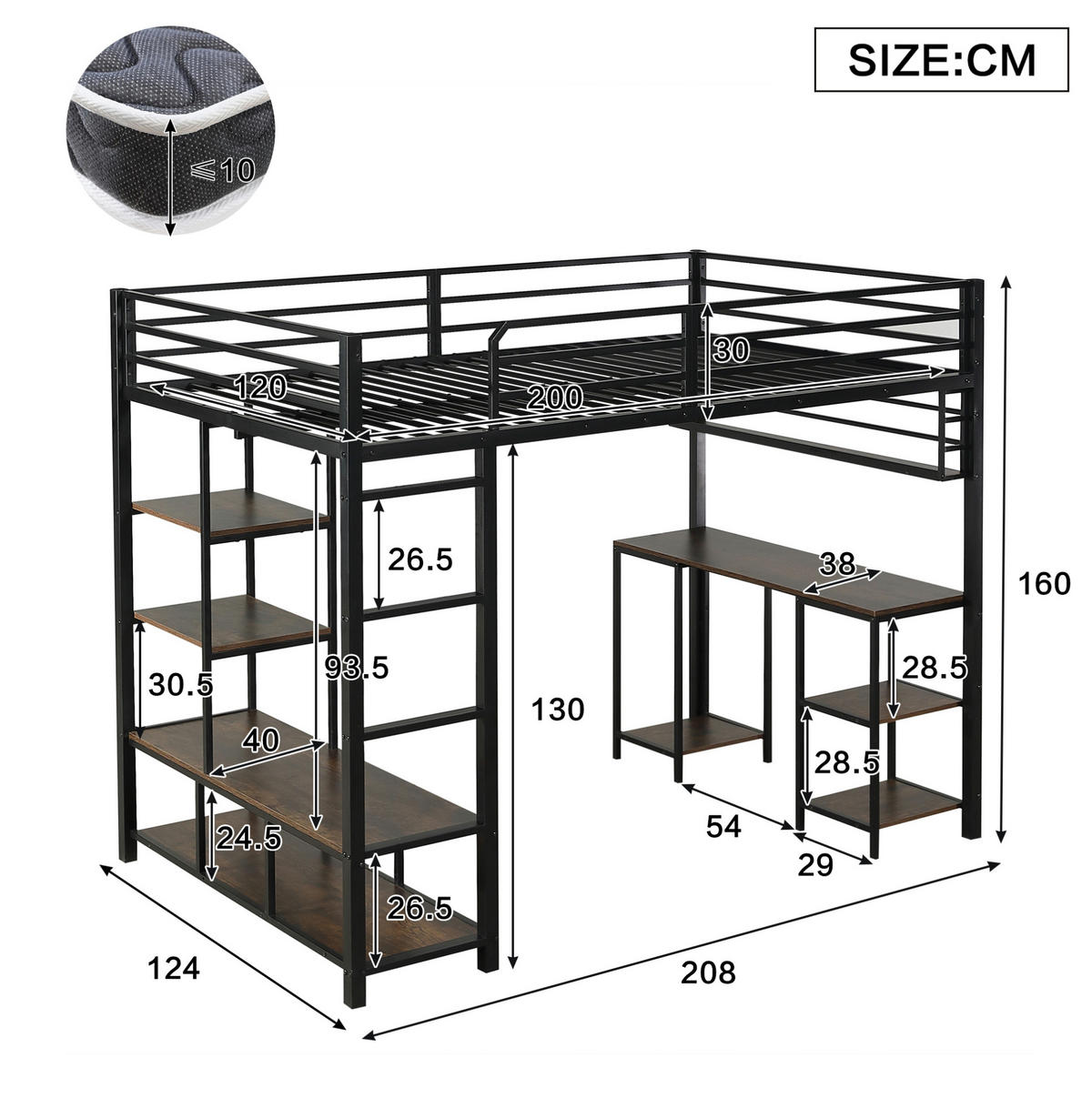 HOCHBETT 120/200 cm aus Metall und Holzwerkstoff mit Schreibtisch und Ablage Schwarz/Dunkel Walnuss - Schwarz, Metall (120/200cm) - Modenvie