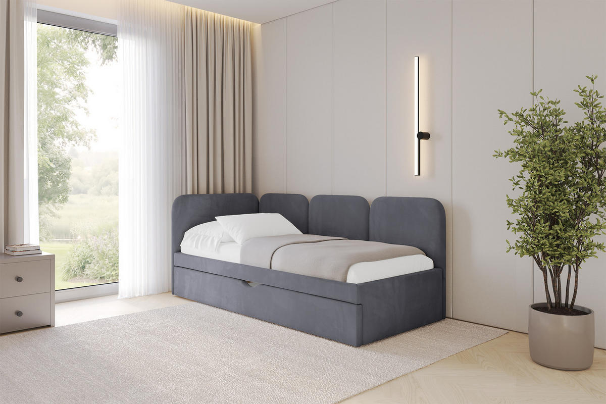 EINZELLBETT Jugendbett mit Bettkasten, Rechts - ALVY 80x200 Dunkelgrau - Dunkelgrau, Holzwerkstoff/Textil (80/200cm) - ALTDECOR