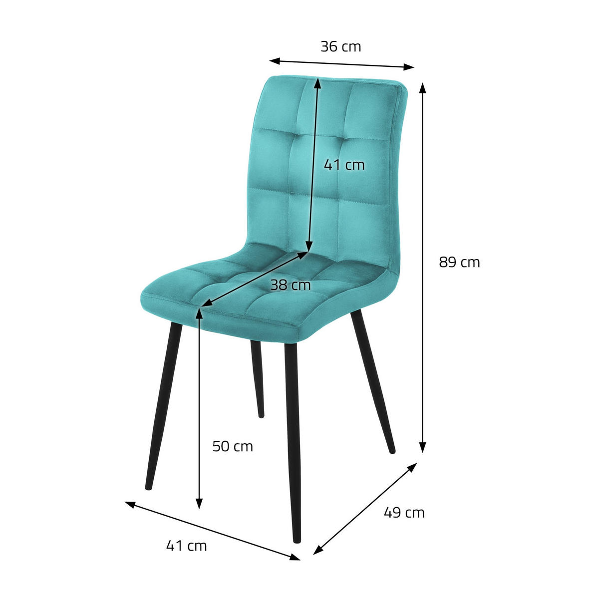 ESSZIMMERSTUHL Samt Petrol 4er Set - Blau, Metall (41/89/49cm) - ML-DESIGN