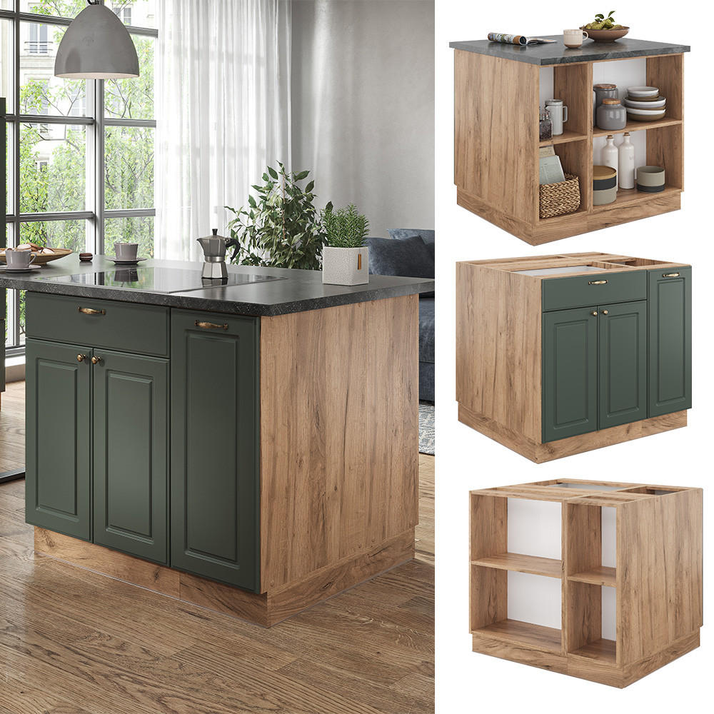 KÜCHENINSEL Fame-Line Grün-Gold Landhaus/Goldkraft Eiche 90 cm ohne AP - Honigeiche/Grün, Holzwerkstoff (90/82/60cm) - Vicco