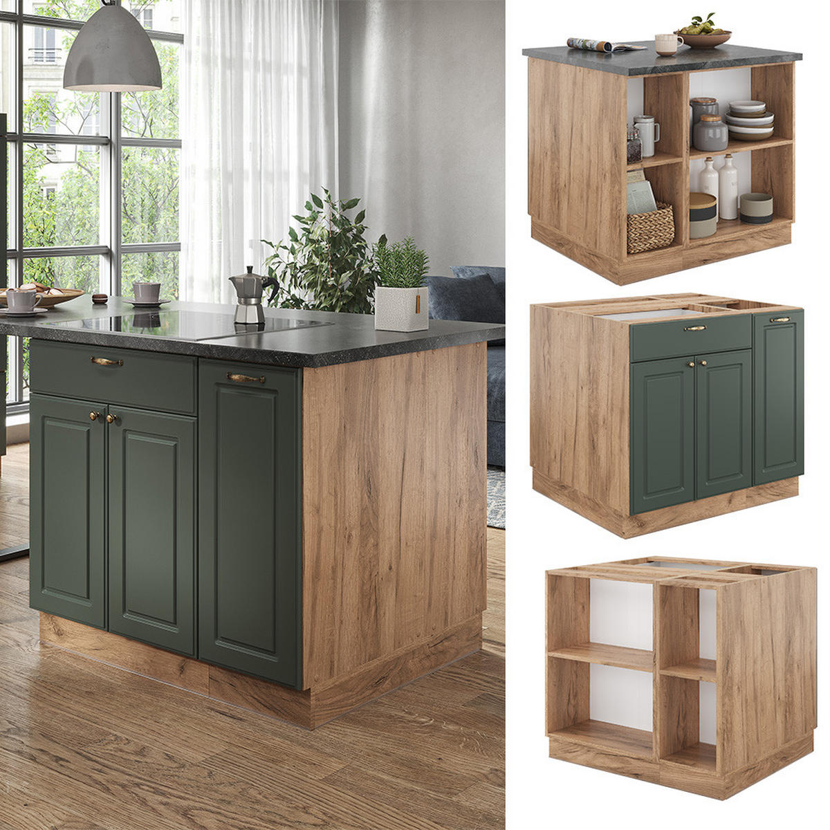 KÜCHENINSEL Fame-Line Grün-Gold Landhaus/Goldkraft Eiche 90 cm ohne AP - Honigeiche/Grün, Holzwerkstoff (90/82/60cm) - Vicco